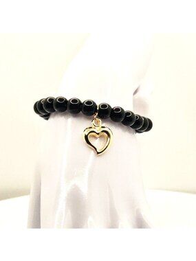 Black Heart Bracelet, Gold Heart Charm Bracelet, Minimalist Beaded Bracelet